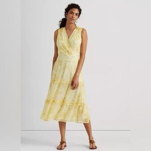 RALPH LAUREN Black Label Georgette Dress Floral Tiered Resort Midi Yellow 10